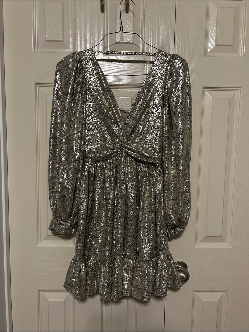 Skies Are Blue Metallic Silver Twist-Front Mini Dress
